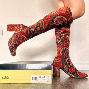 Rare early 2000s red paisley tapestry knee high boots by Diba
